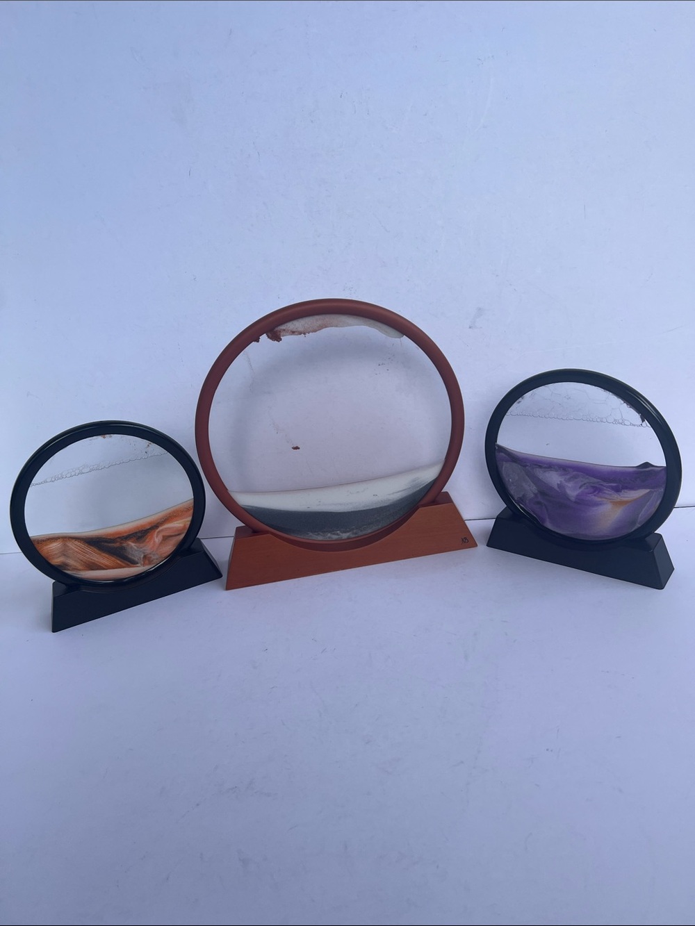 Set of 3 Decorative Sand Art Displays - Brown, Black, Purple Accents